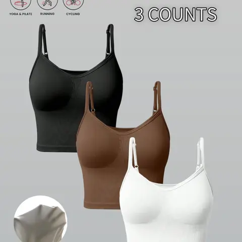 Women's 3-Piece Solid Color Adjustable Strap Seamless Sports Tank Top, Strappy Yoga Bras, Breathable Activewear for Indoor and Outdoor Use, Comfortable Tight-Fitting Gym Clothing, Sports Bra Pack, Exercise Bra, Sportswear Bra, Workout Clothes Women