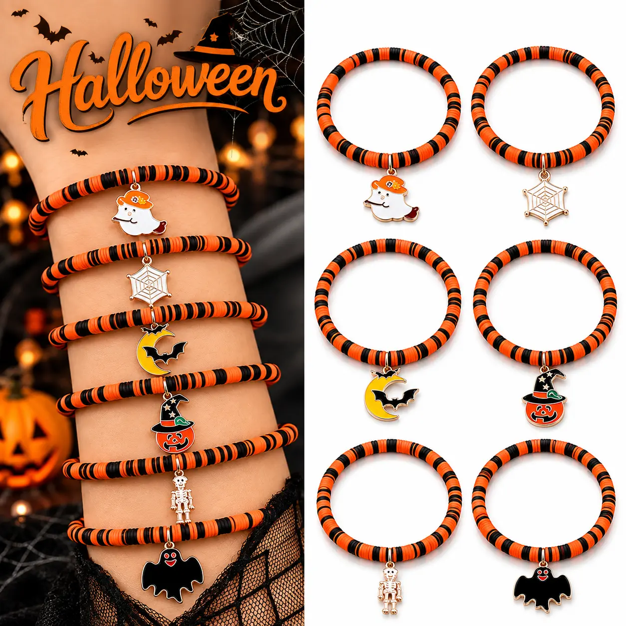 6Pcs Halloween Beaded Bracelets for Women Men Cute Ghost Pumpkin Skull Bat Charms Polymer Clay Beads Bracelet Halloween Costume Praty Jewelry Holiday Gift