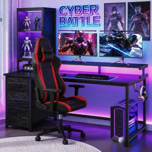 【Figure Display Cabinet】55’‘ Gaming desk with Led Lights Strip, Computer Desk with 3 Drawers & Dual Monitor Stand,