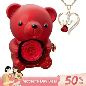 Bear Shaped Rose Gift Box, 1 Count Rotating Bear Design Gift Box with Heart Shaped Pendant Necklace, Gift for Mom, Birthday Gift