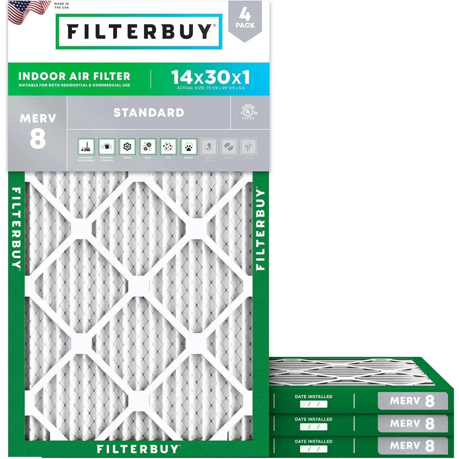 Filterbuy 14x30x1 Air Filter (4-Pack), Pleated MERV 8 Dust Defense HVAC AC Furnace Air Filters (Actual Size: 13.88 x 29.88 x 0.75 Inches)