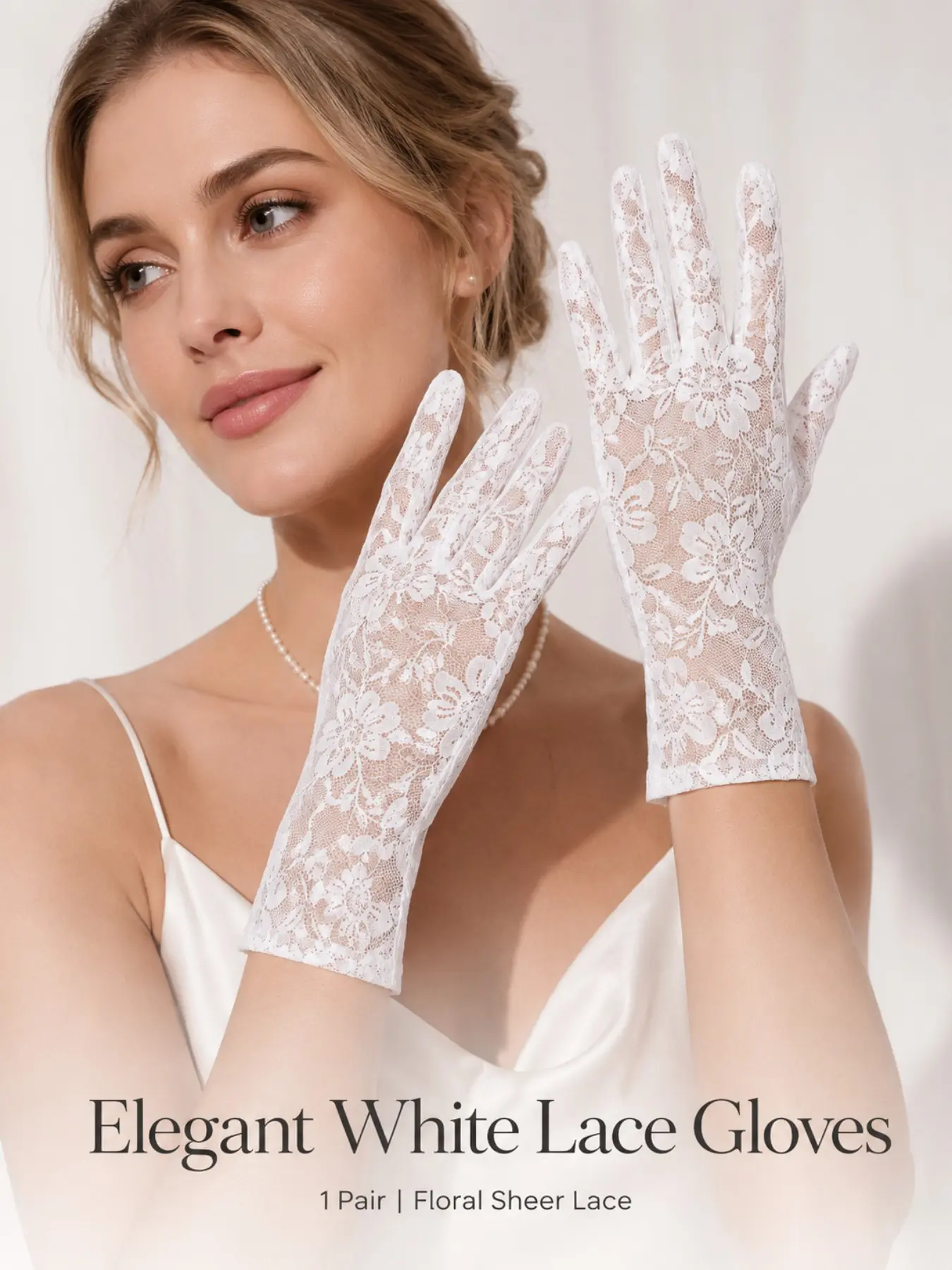 23cm Vintage White Floral Lace Gloves, Hollow-out Sheer Stretch Full Finger Gloves, Delicate Formal Lace Accessories for Women Wedding Prom Party Fancy Dress
