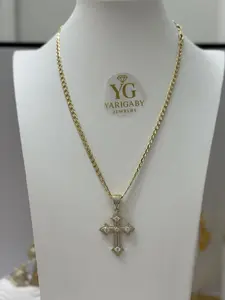 YG Cuban Chain 20 Inch Necklace with Cross Pendant for Men and Women