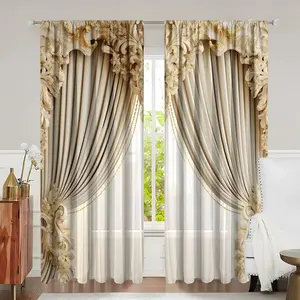 Elegant Champagne Gold Chain Curtains, Embossed Carvings & Golden Chains Print, Sheer Light Blocking Fabric, Easy Clean Home Decor, Window Curtain