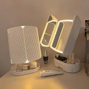 All-in-One Trifold LED Vanity Mirror Rechargeable Shell-Shaped Dimmable LED Fill Light Makeup Mirror with Storage Compartment Compact Desktop Mirror for Dorm Bedroom Travel Ideal for Flawless Makeup & Skincare Ultra-Dense Waterproof Lash Kit Whiskey