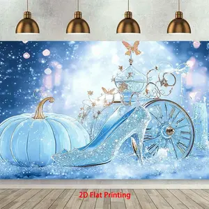 1pc Princess Backdrop Heavenly Blue Theme Sparkling Powder Flowers Glitter Butterflies Carriage Design Durable Polyester for Living Room Bedroom Office Photo Studio Party Decor