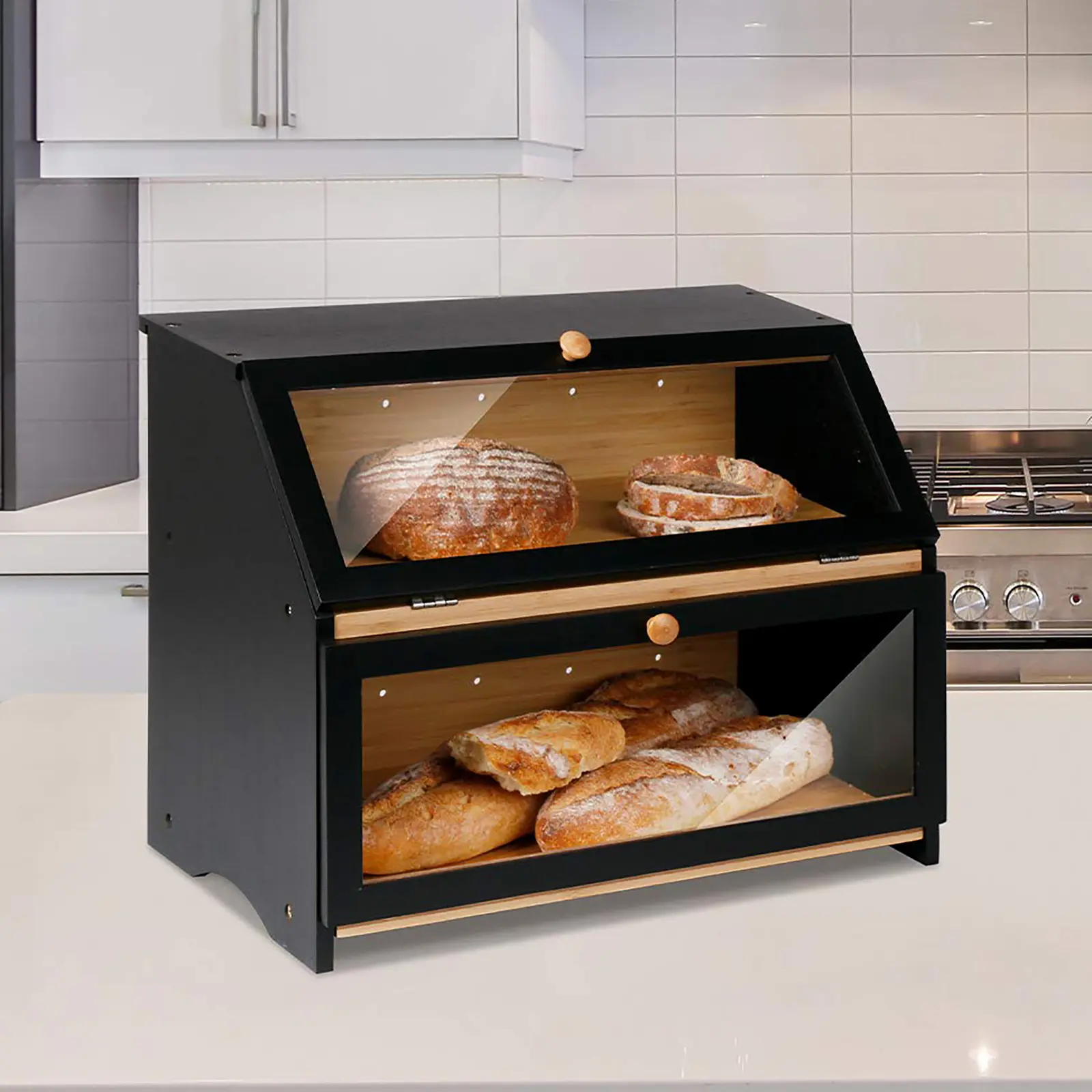 Double Layer Large Bread Box For Kitchen Counter, Wooden Large Capacity Bread Storage Bin Double Layer Large Bread Box For Kitchen Counter, Wooden Large Capacity Bread Storage Bin