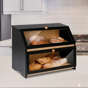 Double Layer Large Bread Box For Kitchen Counter, Wooden Large Capacity Bread Storage Bin