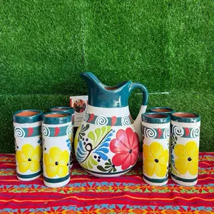 Decorated Clay Pitcher Verde Pavo Set.