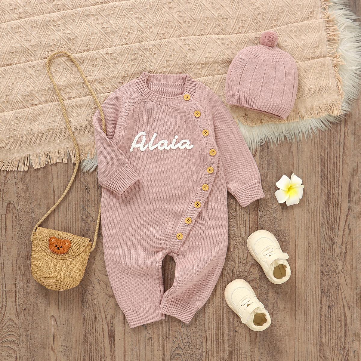 Mimixiong Handmade Embroidery Custom Baby Name Romper Sweater Coat, Newborn Soft Knitted Fabric, Comfortable Fit, Unique Baby Sweater Set with Baby Hat