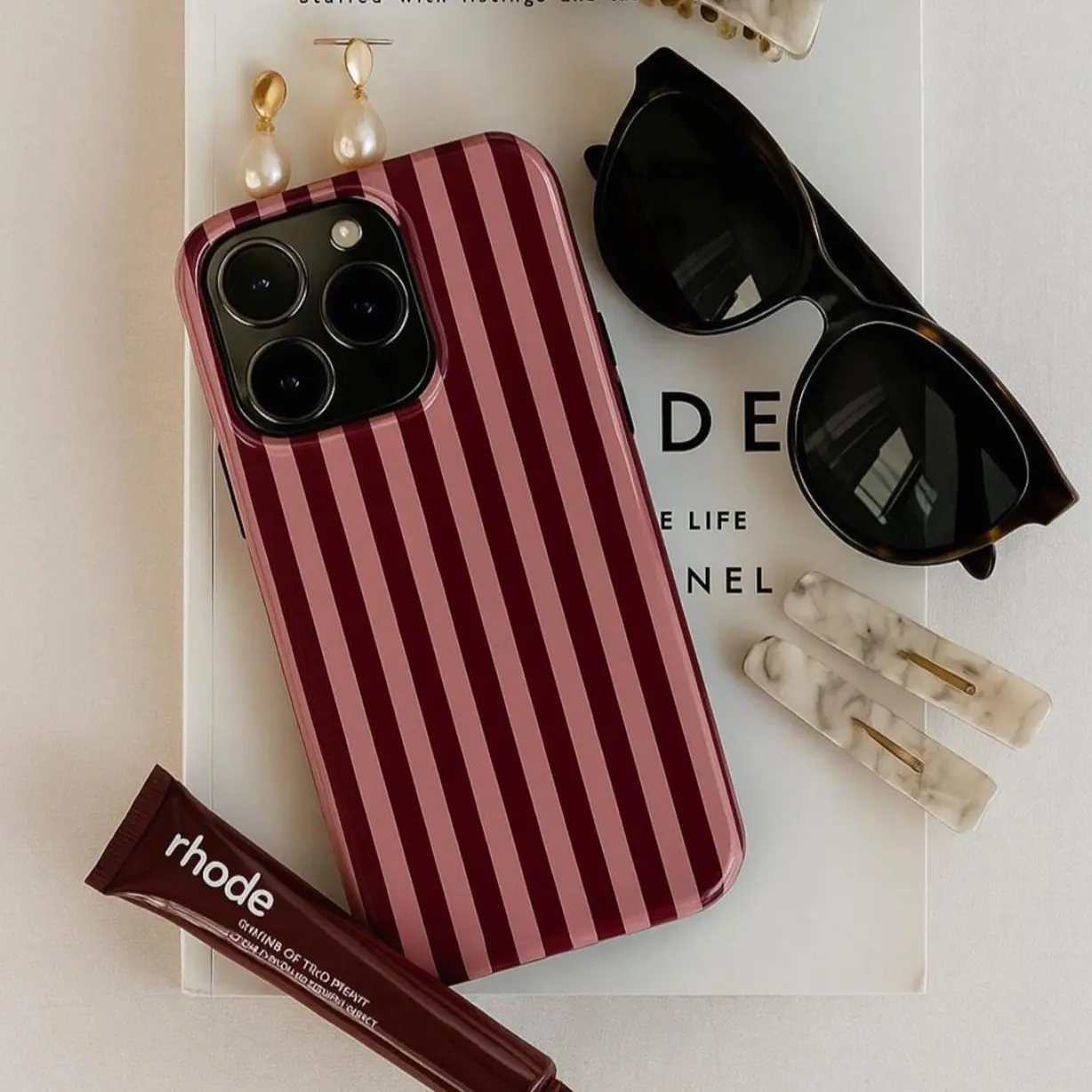 Magsafe Burgundy & Pink Stripe Phone Case – Glossy Slim or Tough Cover, Magsafe Compatible Cover