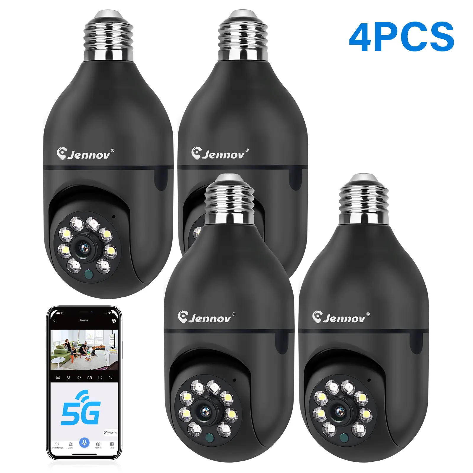 4MP Smart AI 5G Light Bulb Camera with 911 Alarm Monitoring Full Color Night Vision Easy Installation Motion Detection Two-Way Audio Dual-WiFi US Local Cloud Cord Safety SocketSecurity camaras de seguridad