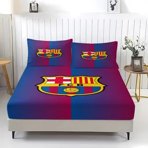 Barcelona FC Print Bedding Set, Comfortable Printed Design, Includes 1 Bed Sheet and 2 Pillowcases, Comfortable Bed Linens, Non-Slip Dust Cover Suitable for Bedroom and Guest Room, Ideal for Children and Adult Gifts
