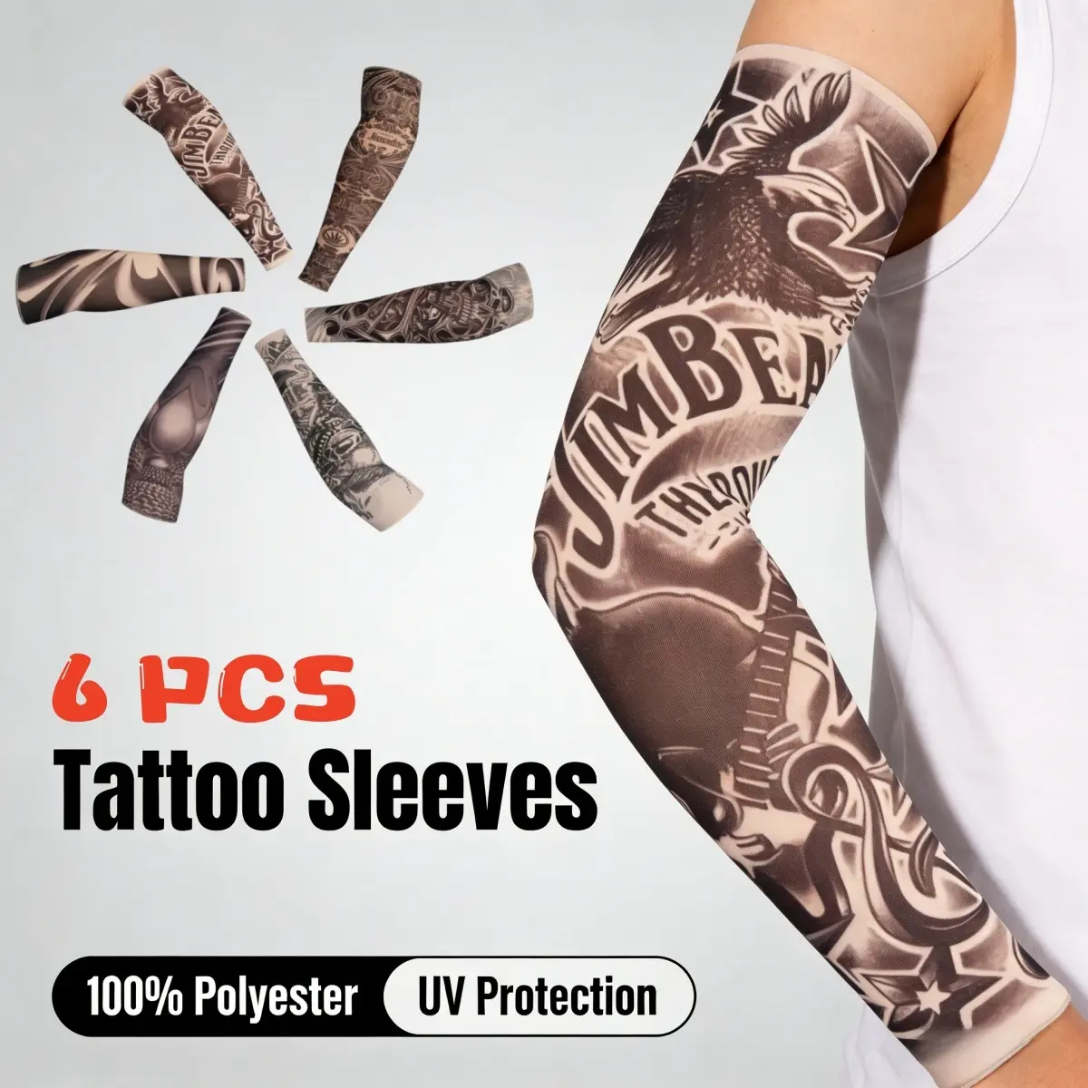 6-Pack Realistic Seamless Fake Tattoo Sleeves - 6-in-1 Temporary Tattoos, Sun-Protective Cooling Arm Covers for Summer Outdoor Sports, Halloween Decor, Unisex for Adults & Kids, Six-In-One Temporary Tattoos