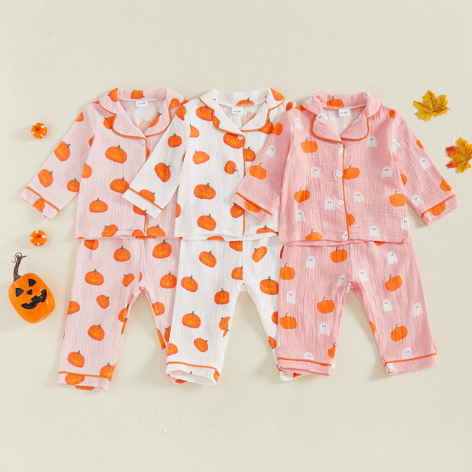 2Pcs Girls Halloween Pajamas Set Long Sleeve Pumpkin Print Button Down Shirts and Pants Set Sleepwear