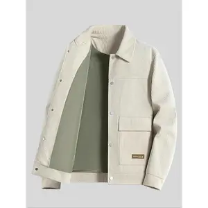 Men's Solid Color Corduroy Button Front Jacket, Regular Fit Casual Comfy Long Sleeve Collared Outerwear for Daily Wear, Men's Clothes for All Seasons Menswear Coats Tops Beige White Plain