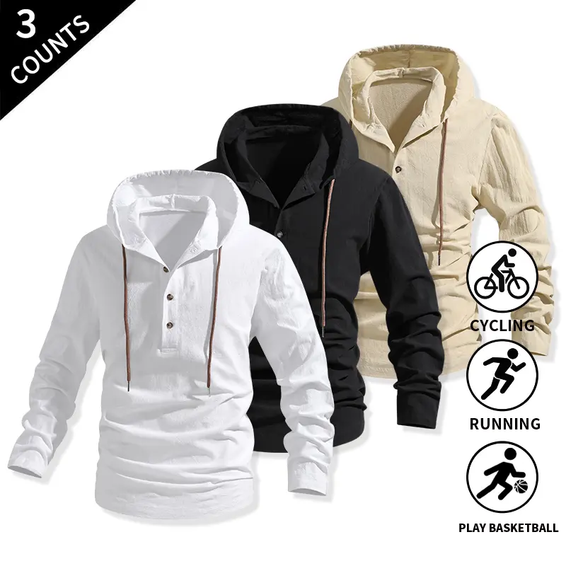 3-Pack Men’s Casual Hooded Henley Shirts — Retro Long-Sleeve Button Pullovers, Skater Streetwear Tops for Running, Cycling, Basketball, and Everyday Outdoor Wear