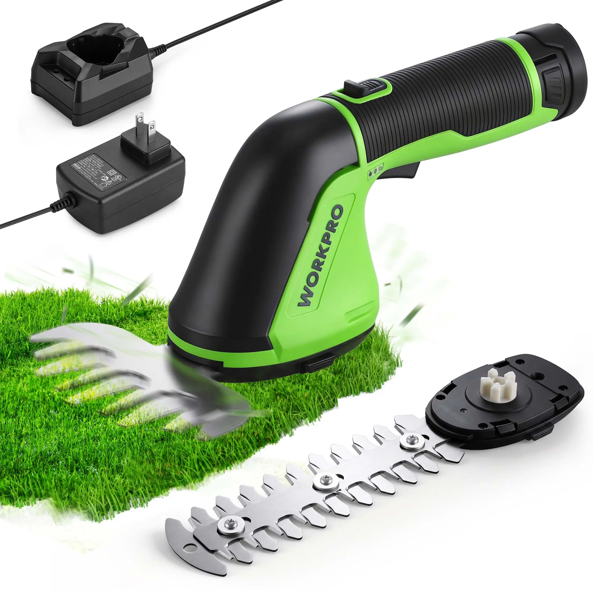 #backtoschool WORKPRO 12V Cordless Grass Shear, 2-in-1 Electric Hedge Trimmer & Grass Cutter, with 2.0Ah Rechargeable Battery, 1-Hour Fast Charger, Lightweight Handheld Bush Trimmer for Lawn and Garden