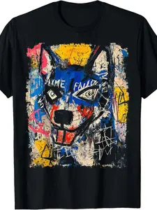 Pop Art Style Wolf 90s Graffiti T-Shirt Unisex, 2026 Summer, Short Sleeve, Printed, Solid Color, Round Neck, Suitable for All Seasons, Vintage, Regular Fit