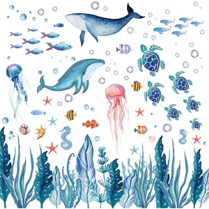 X-WPA21 143 Pieces Ocean Wall Decals Watercolor Under The Sea Wild Life Animals Wall Stickers Waterproof Peel and Stick Removable Murals for DIY Nursery Bedroom Living Room Bathroom Wall Art Decor Decorative Decoration