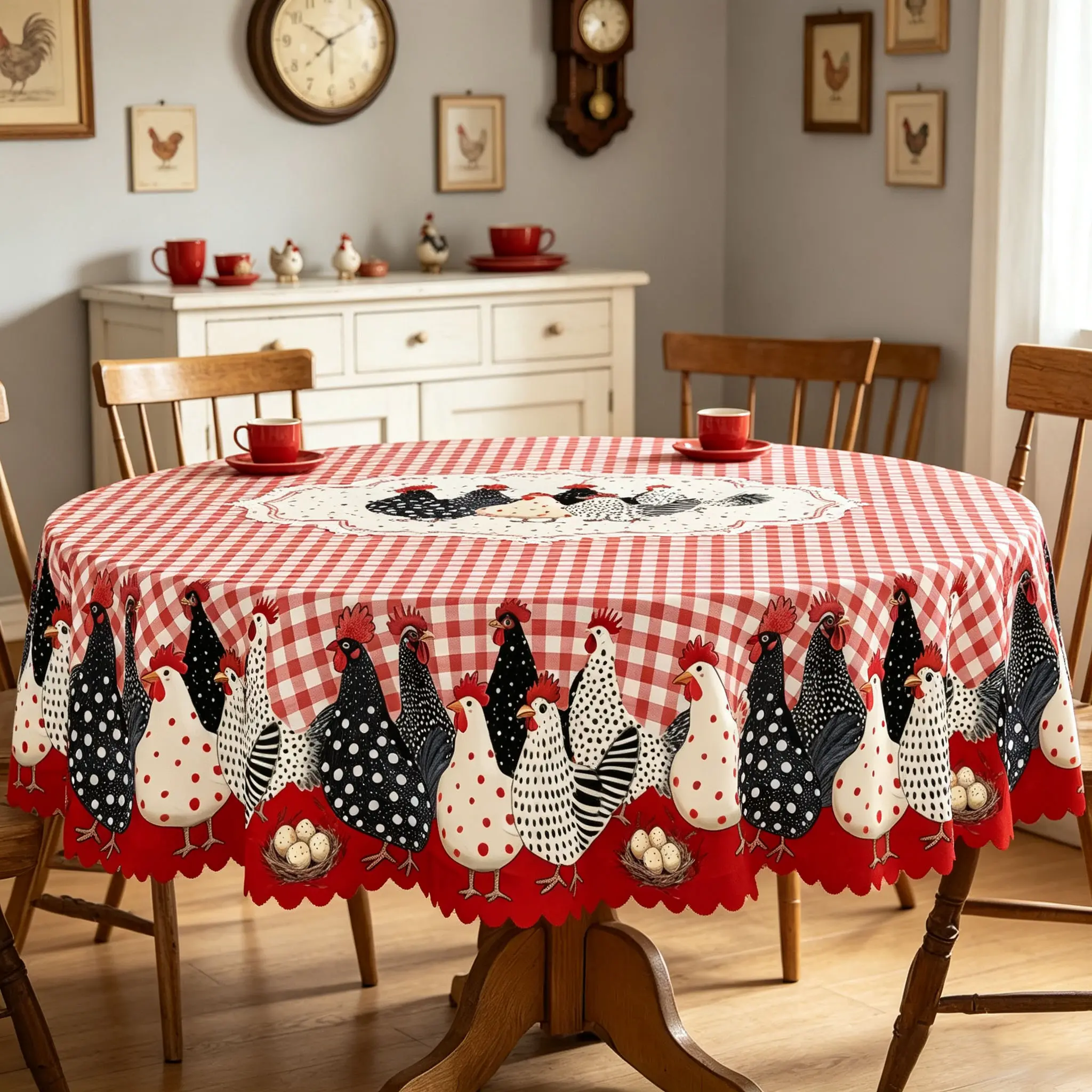 Farmhouse Chicken Round Tablecloth, Red & White Gingham Hen Print Table Cover, Rustic Country Kitchen Dining Table Cloth for Party & Home Decor