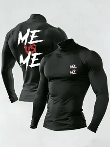 Men's Slim Fit Half High Neck Tight-Fitting Shirt, Me Vs Me Vintage Print, Inspirational Fitness Style, Athletic Fashion Activewear, High Stretch Sports Fabric