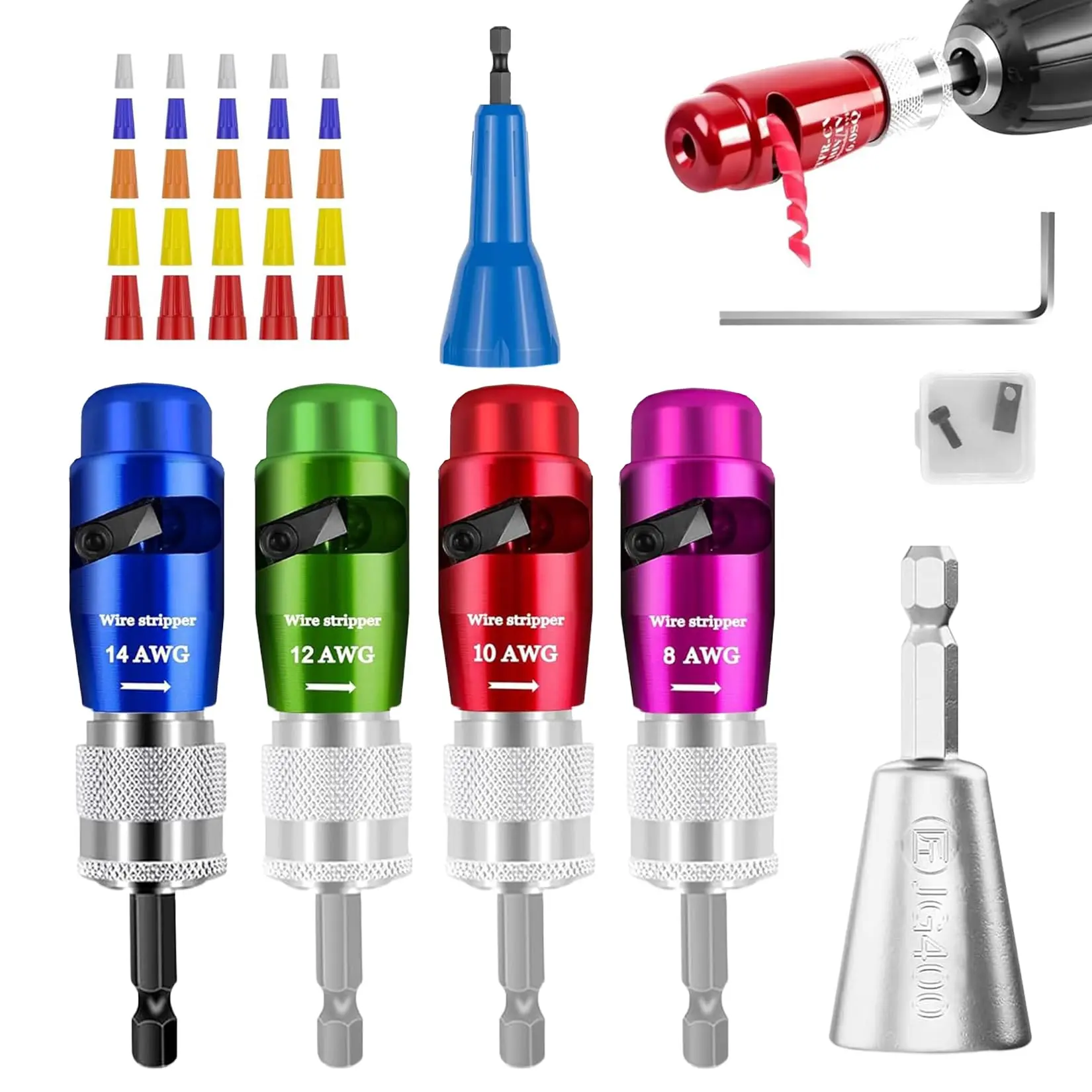 7PCS US Standard Wire Stripper & Tool Set, Color-Coded Drill Bits with Tungsten Steel Blades, Zinc Alloy Connectors for Electrical Wiring Projects