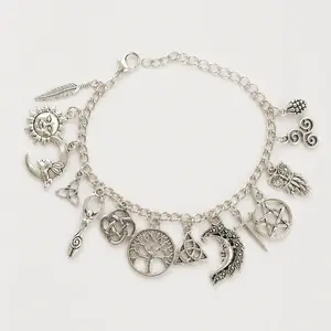 Vintage Witchy Charm Bracelet - Silver-Tone Pagan-Inspired Jewelry with Moon, Sun, Tree of Life, Owl, Pentagram Charms - Celestial Gothic Boho Gift (Celestial Theme, Dark Romance Vintage, Moon and Sun Symbol, Mystery Bracelets & Bangles), Celestia