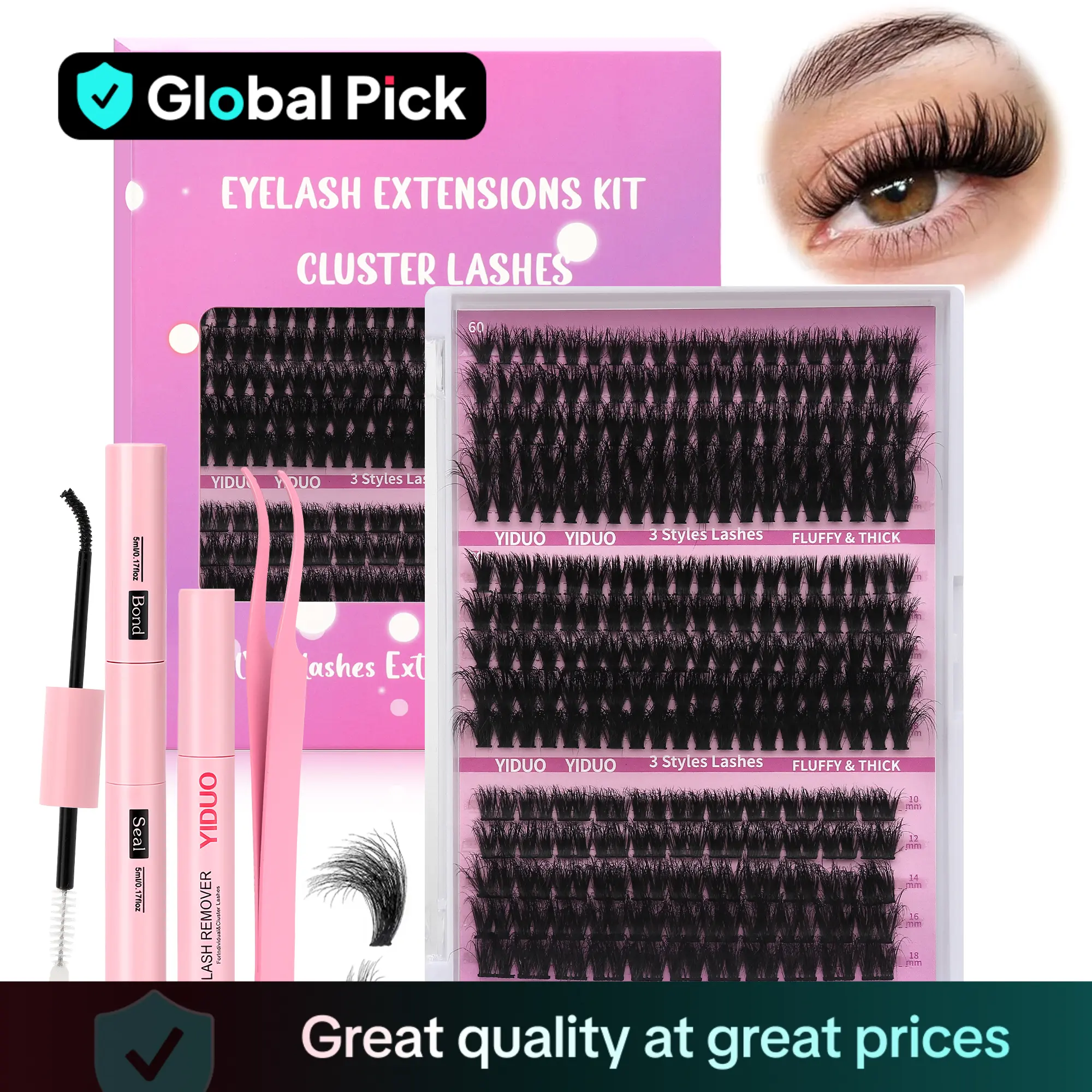 Eyelashes Extension Set, 60D & 80D & Thick Volume Lashes Clusters, Individual Lash Extensions Kit, 10-18mm D Curl Lash Extensions Kit with Lash Bond a