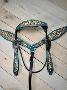 Teal Rhinestone Cheetah/Leopard Tack Set Dark Leather