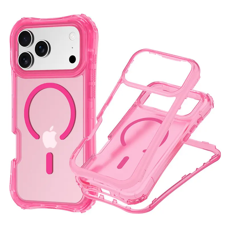 Suitable for iPhone17Promax Magnetic Phone Case Three-in-One iPhone 17air Anti-Collision Protective Cover 16E Pink Transparent with Ring Stand Feature Protection Protector Casing