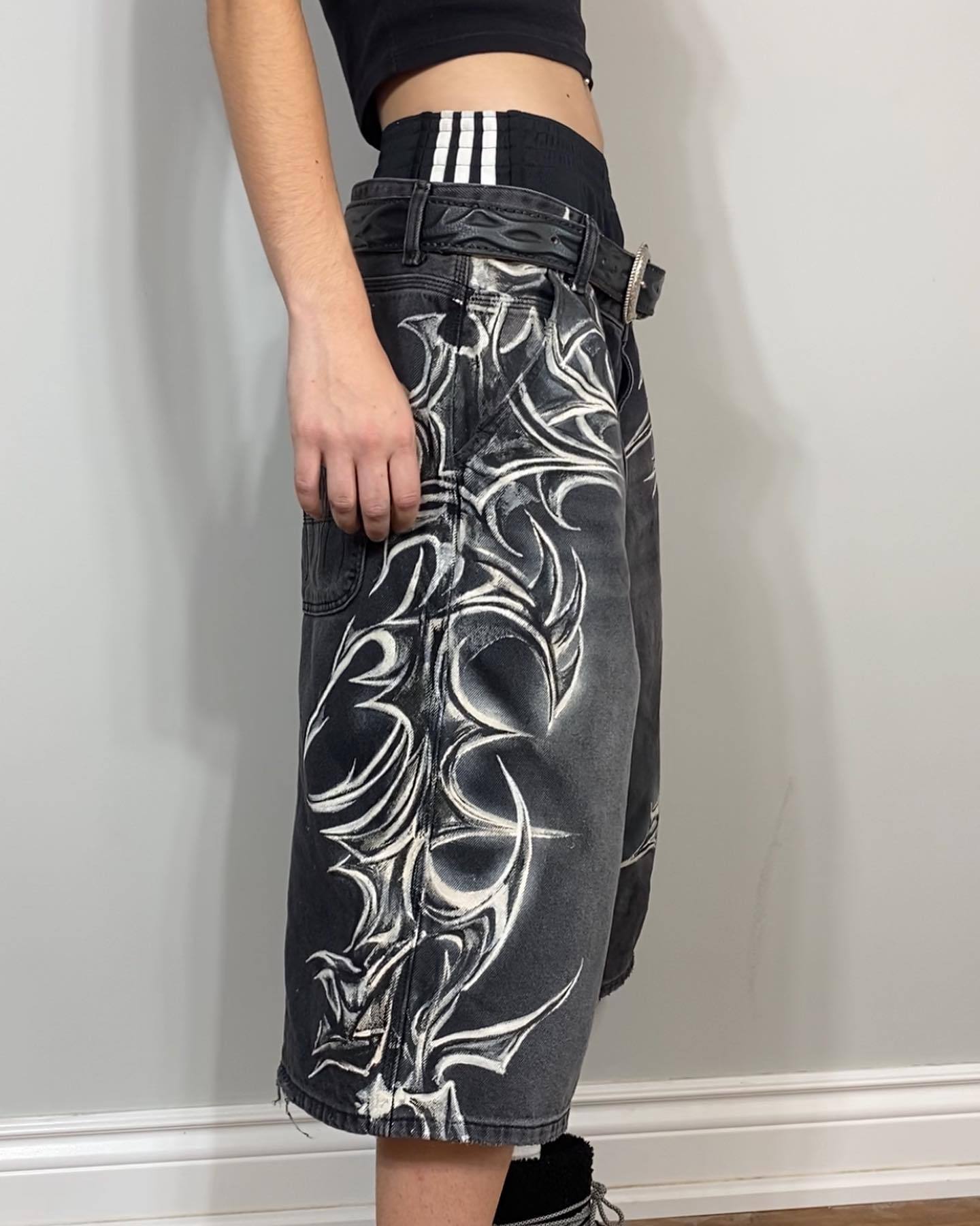 Noctra Retro Gothic Printed Denim Shorts