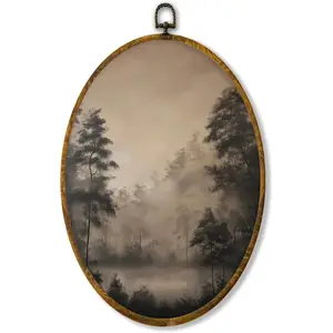 Hiuwevt Vintage Rustic Landscape Oval Wall Art Decor, Moody Farmhouse Framed Canvas Prints, Antique Neutral Landscape Oval Wall Hanging Decor for Bedroom Living Room Decorations, 8.6x11.4 Inches