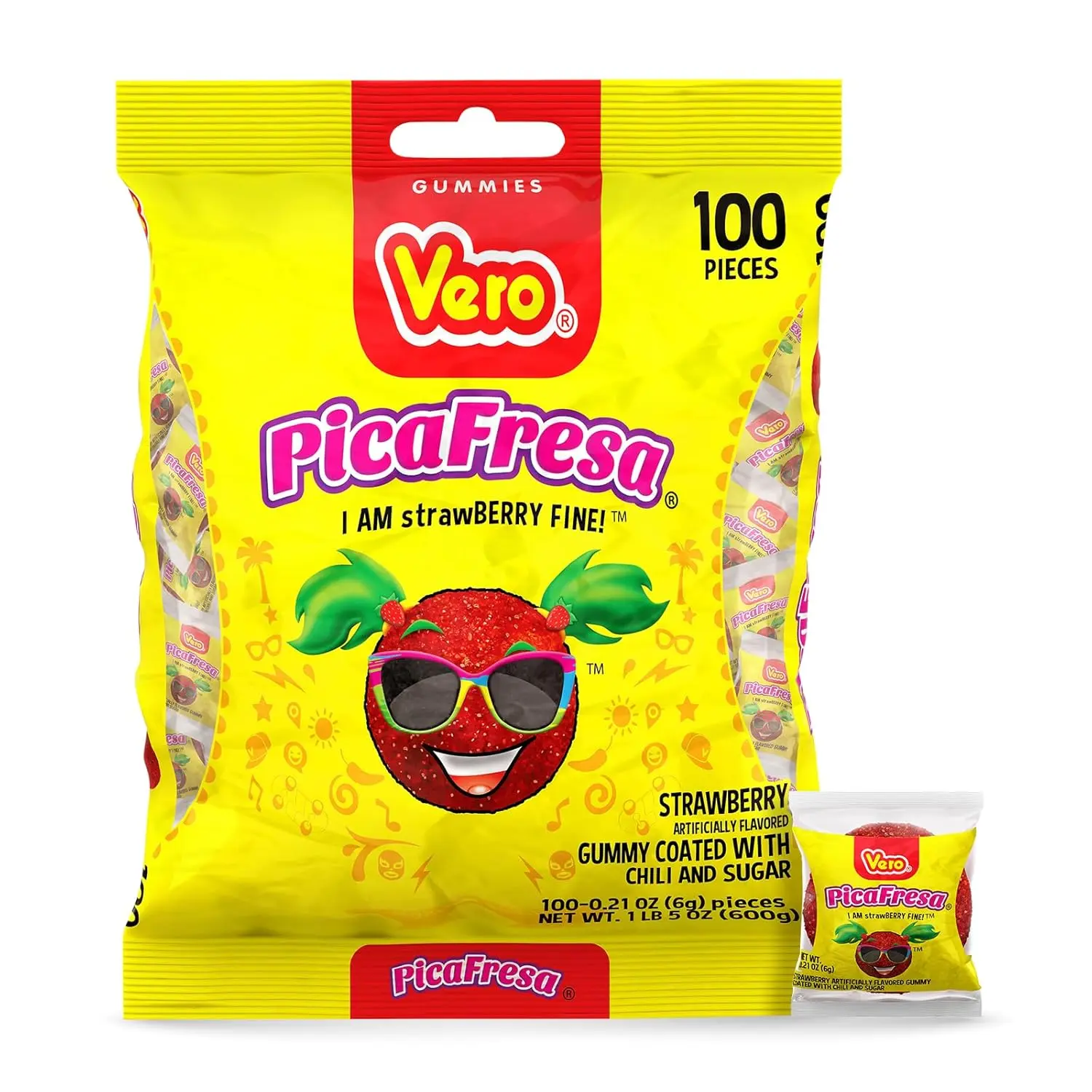 Vero Pica fresa - Strawberry Flavored Chewy Gummy Candy Treats - 100 Piece (Pack of 1)- (1 Lb, 5.15 Ounces Each) - Individually Wrapped Mexican Candy Perfect for Piñatas, Halloween, and More