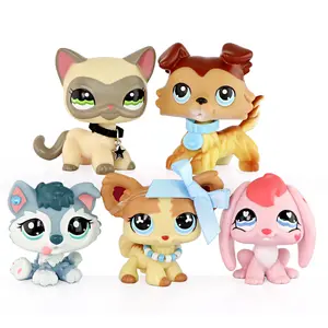 5PCS LPS Pet Figures Set - Siamese Cat, Collie Dog, Husky Puppy, Chihuahua & Pink Rabbit with Accessories, Cute Bobble Head Mini Animal Collectible Toys with Necklace, Bow & Collar, Gift for Kids & LPS Collectors