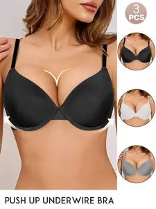 MIMILEMON Women's 3-Piece Basic Minimalist Push-Up Underwire T-Shirt Bra Set - Seamless Smoothing, Solid Color Slim-Fit, Adjustable Straps, Breathable, Anti-Sagging, for Everyday & Special Occasions