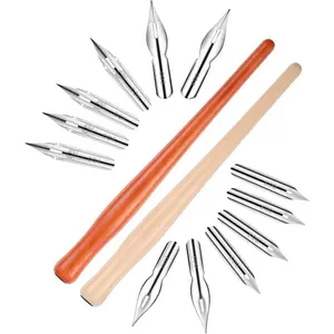 14 Pcs Calligraphy Nibs Dip Pen Nibs Holders with Comic Wooden Drawing Pens Holder with Stainless Steel Nib, Oblique Calligraphy Dip Pens Set Fluid Writer Pen for Writing, Painting, Signing, Sketch