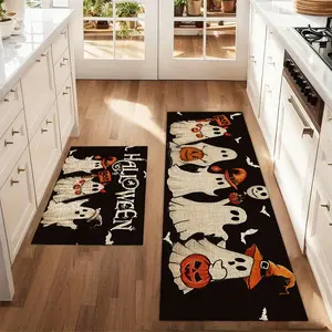 2Pcs 5 Cute Ghosts On Halloween Floor Mat Set Farmhouse Kitchen Rug Dining Room Flooring Laundry Room Decor Carpet Mat Kitchen Area Rug