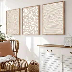 3 Pieces Optional Wooden Frame Neutral Beige Abstract Mural Geometric Botanical Pattern Bohemian Style Vintage Wall Art Living Room Bedroom Decor Wall Decor Frame Picture Mural Geometric Patterns