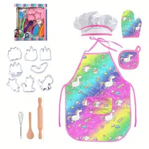Unicorn Magic Chef Set, 15-Piece Kids Cooking Kit, Apron, Gloves, Hat, Baking Tools, Role Play Costume, Pretend Cooking Set, Ages 3-8
