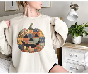 Retro Patchwork Halloween Pumpkin Sweatshirt, Halloween Pumpkin Spooky Season Sweater, Cute Women Outfit