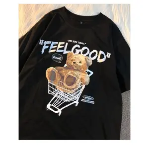 Washed Cotton Oversized Black Cartoon Bear Short Sleeve T-Shirt For Women and Men, Loose Slim Design Vintage Style