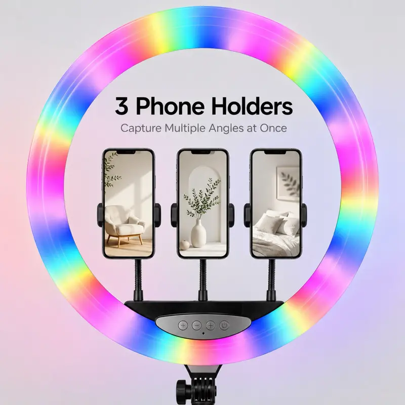 3 Phone Holders for Multiple Angles Capture with Rainbow LED Ring Light Stand