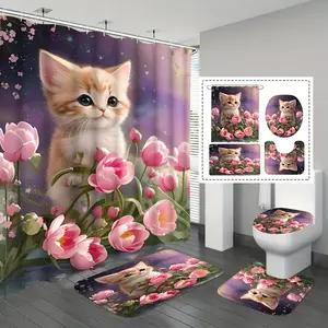 Cute Cat Tulip Shower Curtain Set, Watercolor Kitten Floral Bathroom Curtain with Rugs, Waterproof Fabric Bath Decor for Cat Lovers