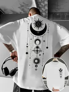 Men's Oversized Short Sleeve T-Shirt, Celestial Moon Sun Mystical Graphic Tee, Streetwear Fashion Casual Top for Dark Style & Mysticism Enthusiasts