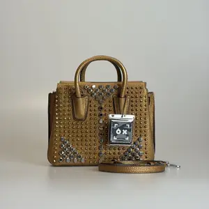 Pre-owned MCM Grain Leather Top Handle Bag Milla Limited Studded Mini Brown Gold With Detachable Strap 52658325