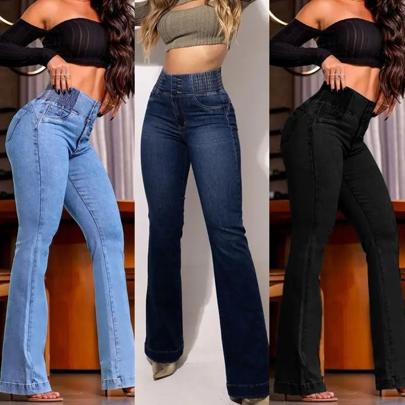 Women's New Cotton Denim Pants, High Waist Elastic Waistband, Knee-Length Flared Tight, Butt-Lifting, Expandable, High-Temperature Stereotypes, Street-Style Sports & Outdoor Womenswear