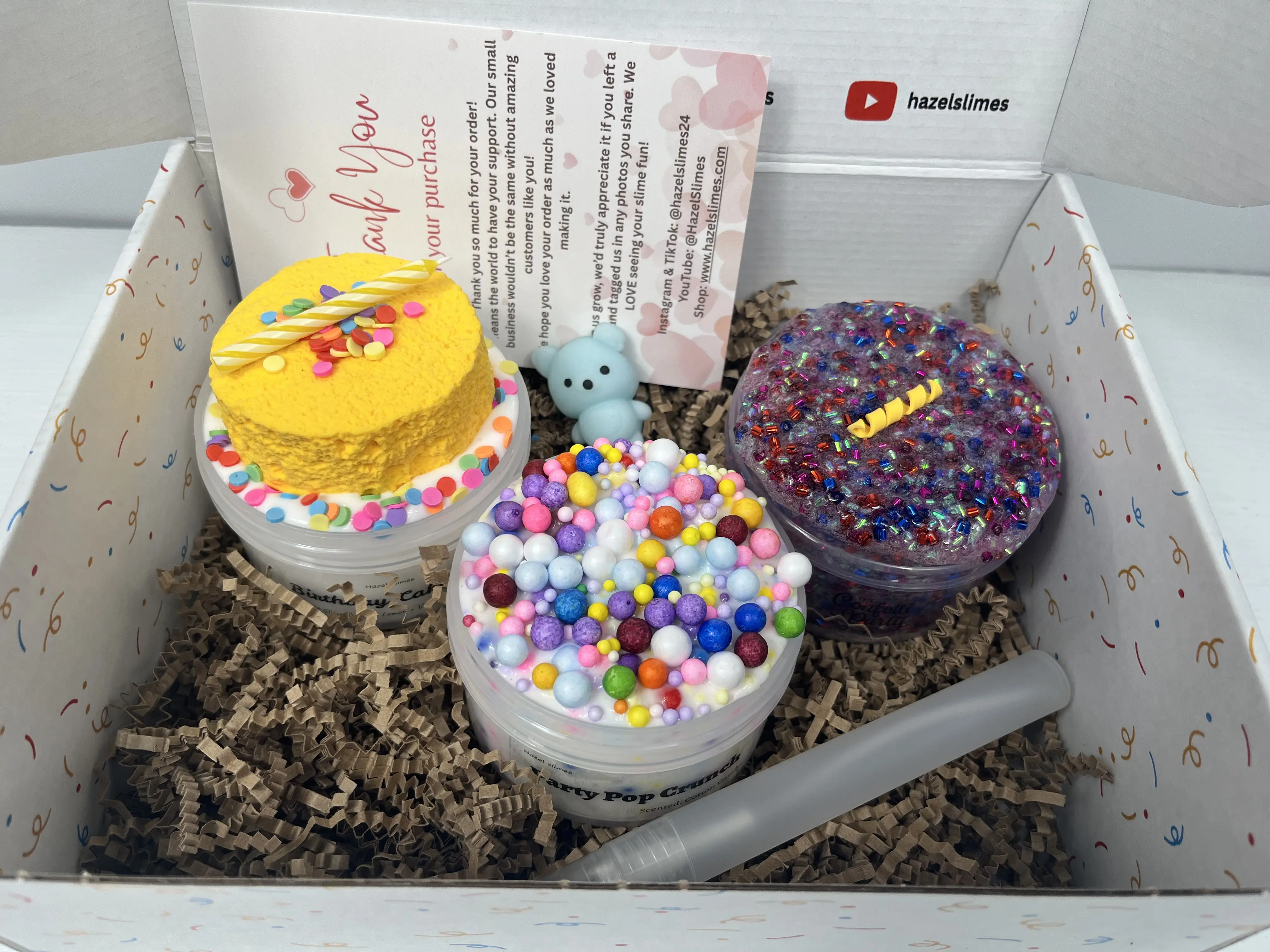 Birthday Box Slime Bundle - Bubbly Thick Colorful Sweet Squishies Toys, Stress Relief Classic Novelty Toy for 6-8 Year Olds, Beginner to Intermediate Use, with Sprinkles, Candle Charm, Clay, Cotton Candy, Vanilla, Sugar Cookie, Wishes Themes
