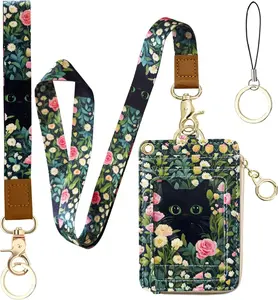 2-in-1 ID Badge Holder & Lanyard Wallet Cute Women Leather Zip ID Case Wallet with Breakaway Wrist Neck Lanyard, Clear Window, 5 Card Slots, Ring Keychain for Worker Teacher Floral Halloween Black Cat