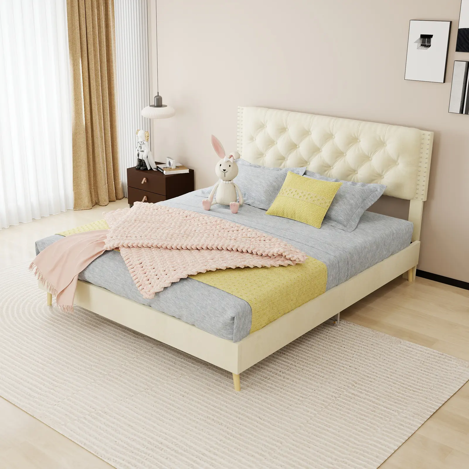 Velvet Upholstered Queen Bed Frame with Sturdy Structure, Beige Platform Bed for Master Bedroom, Luxury Comfortable Bed Frame No Box Spring Needed, Easy Assembly, Home Furniture and Household Product Search Terms for US Online Shopping